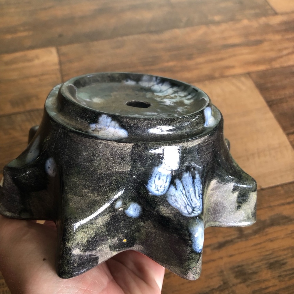 Vintage Ceramic Lamp Base, Star Sun Shape, Black Blue Glazed, Base Only